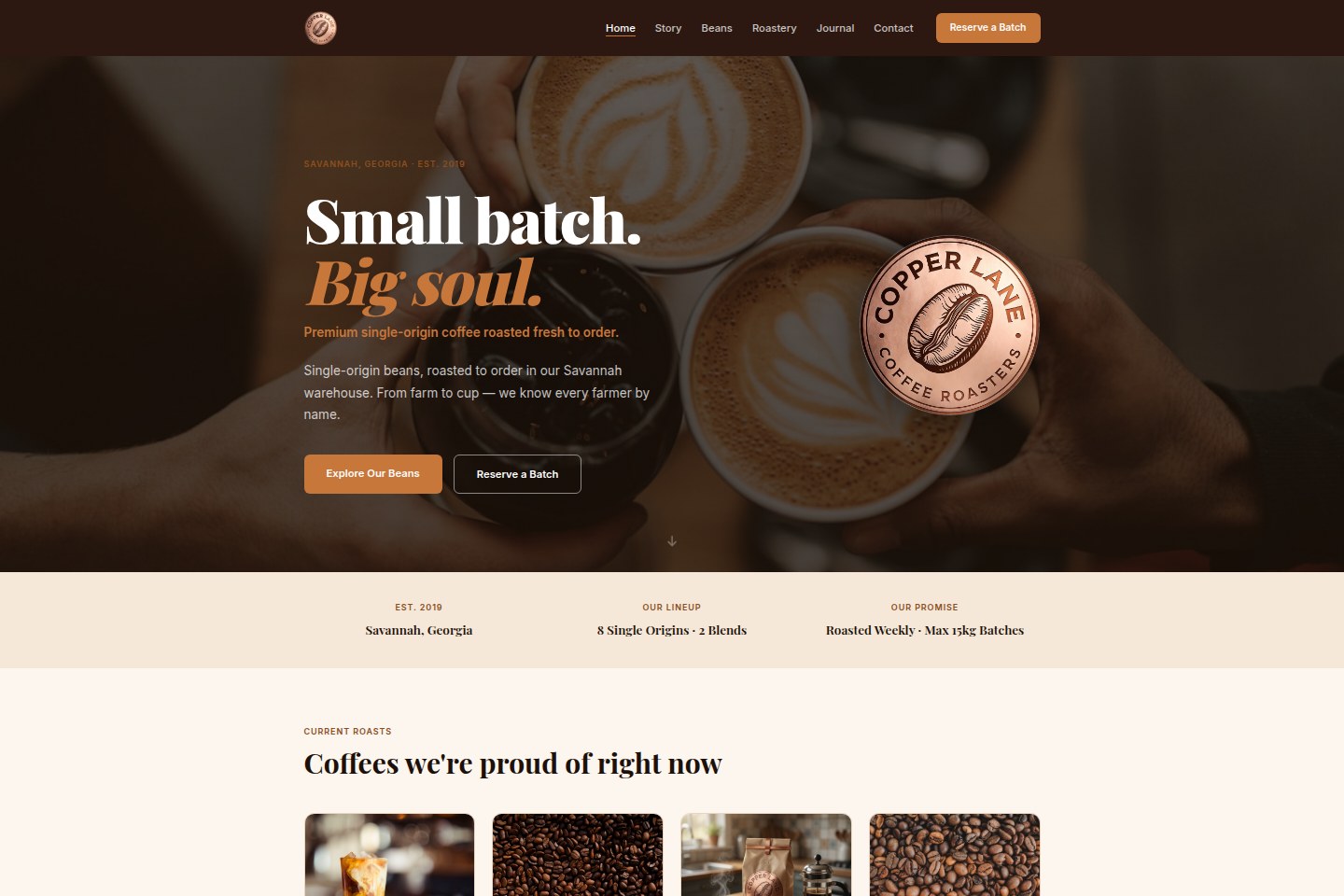 Copper Lane Coffee Roasters homepage — warm editorial design with hero headline and roast-of-the-month section
