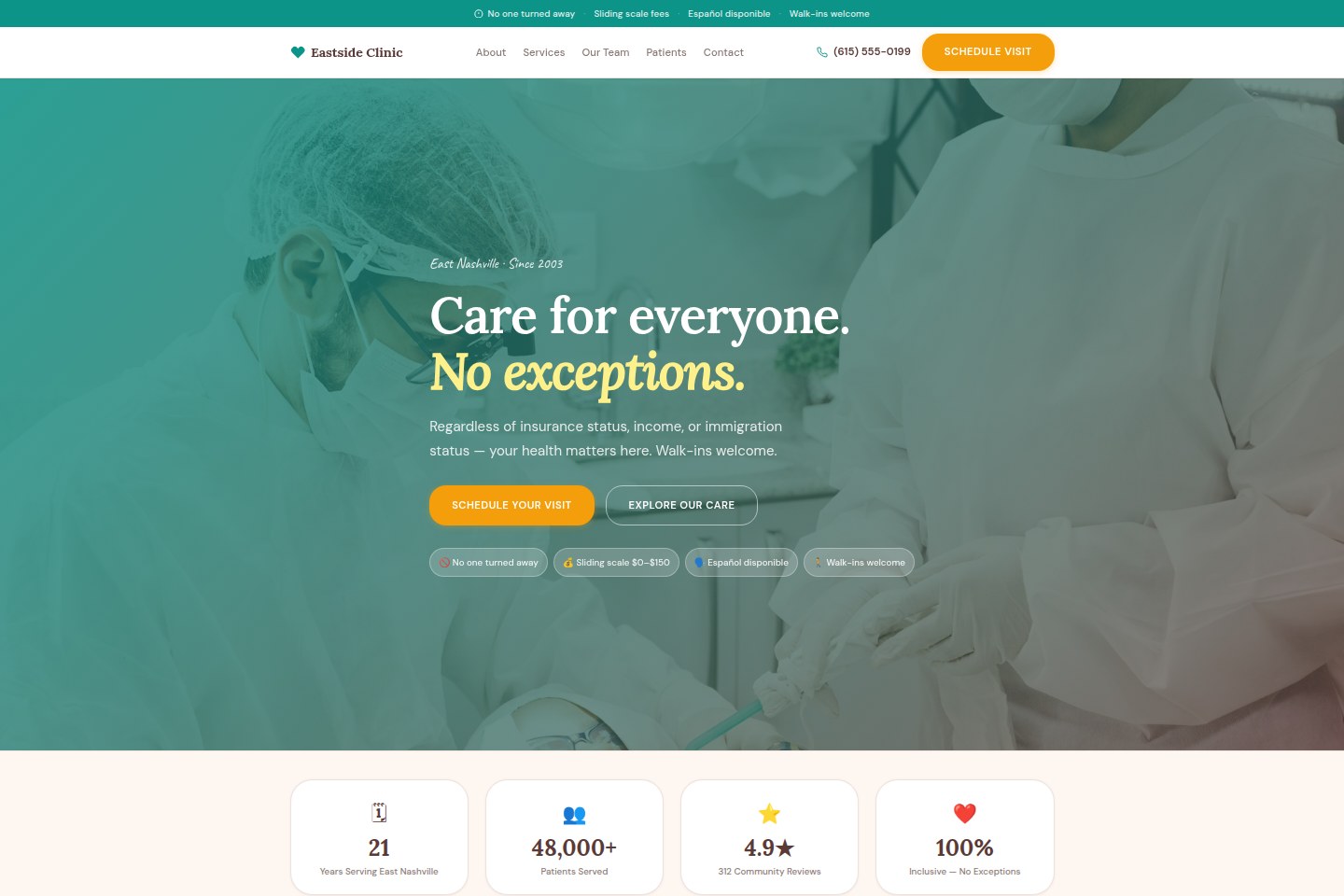 Eastside Clinic concept homepage — clean medical site layout with service cards and patient-focused navigation