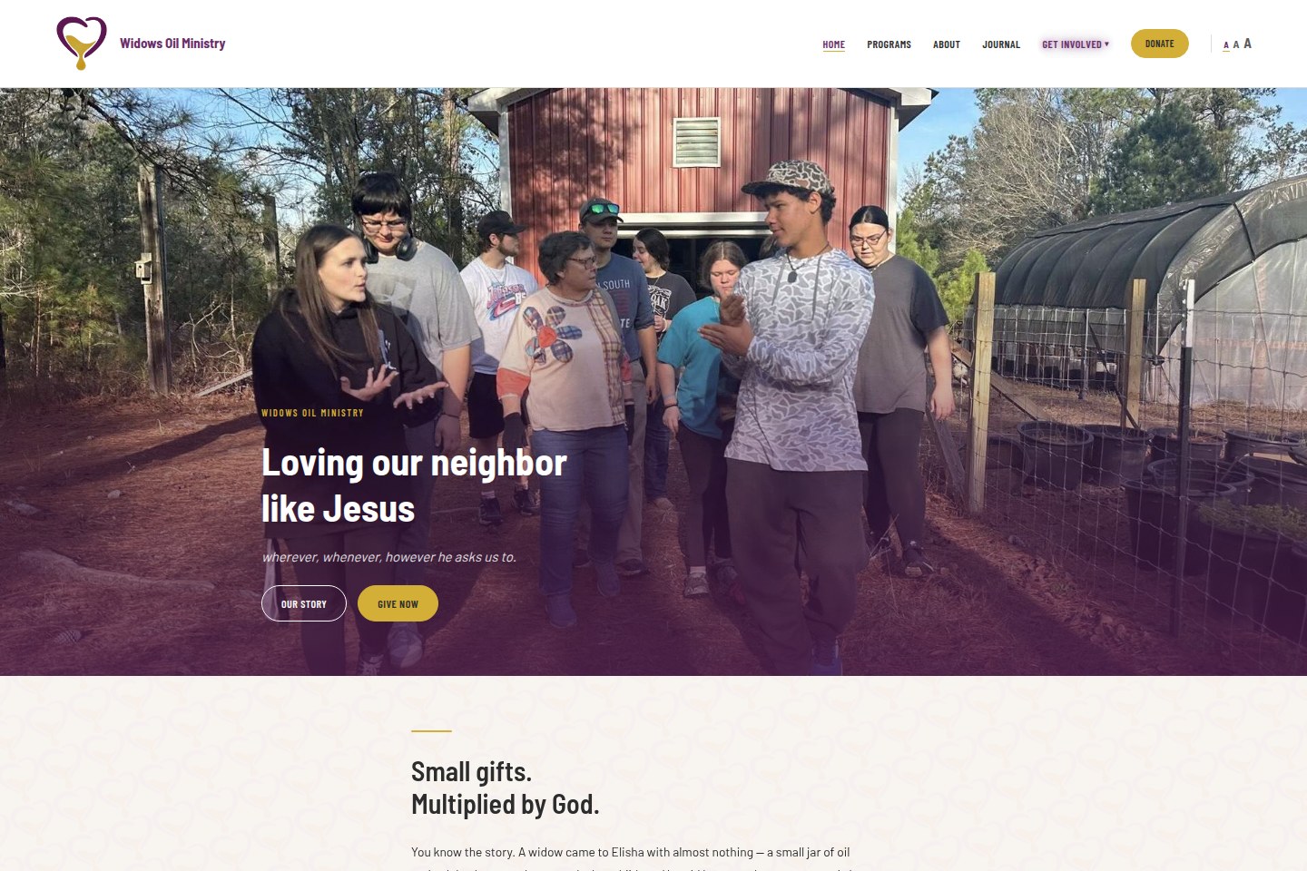 Widows Oil Ministry homepage — nonprofit site with donation call-to-action, program highlights, and volunteer information